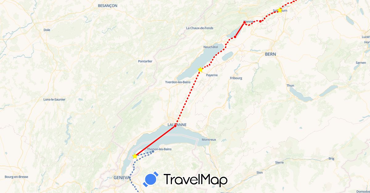 TravelMap itinerary: cycling, trajet fait in Switzerland, Germany, France (Europe)