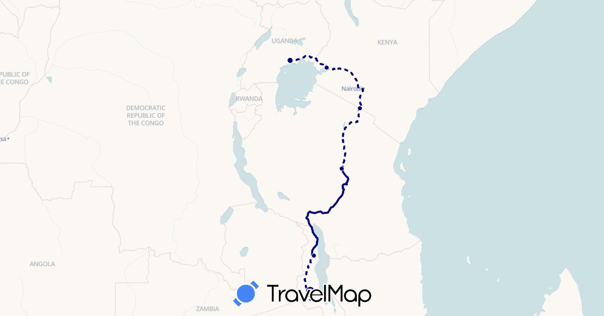 TravelMap itinerary: driving in Kenya, Malawi, Tanzania, Uganda (Africa)